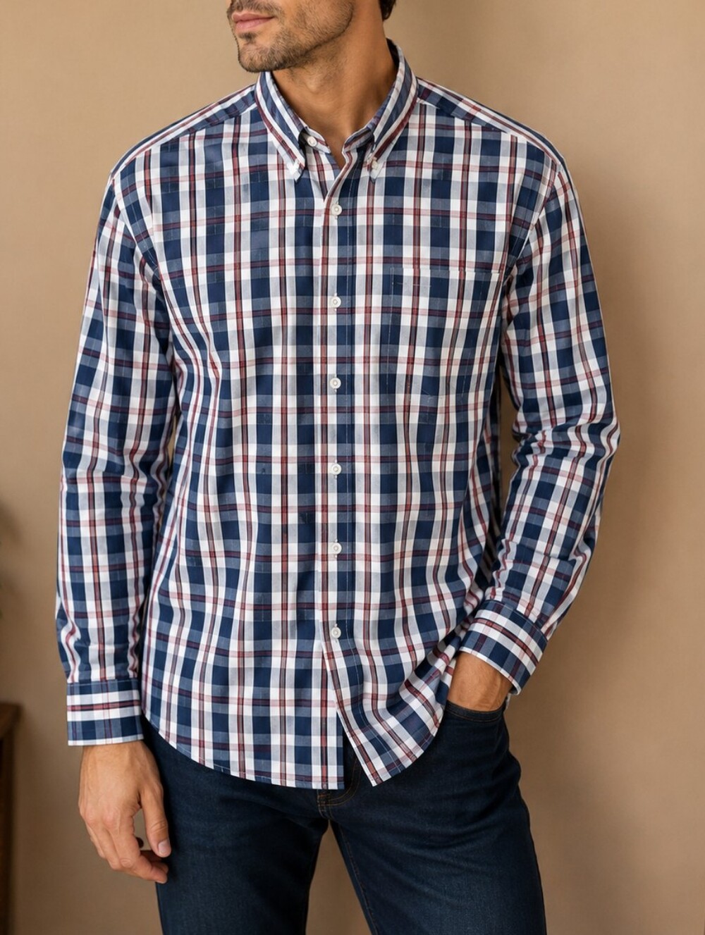 Club Room Navy, White & Red Plaid Button-Down Shirt - Men Sz L